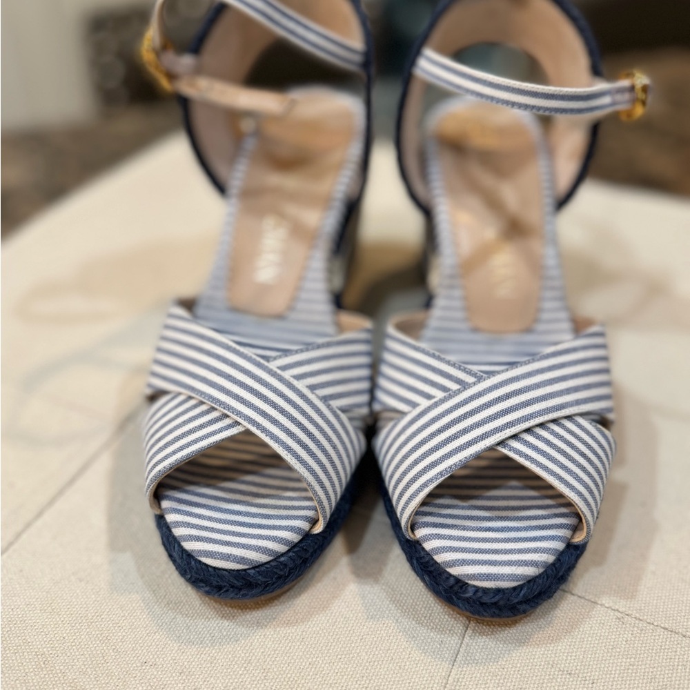 Stuart Weitzman Navy and White Striped Espadrille Wedges